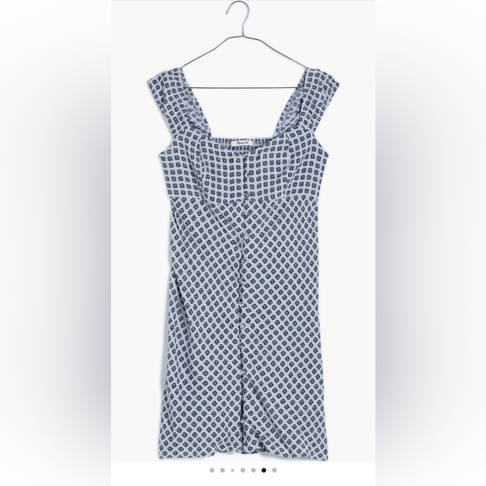 Madewell White and Navy Printed Square-Neck Midi Dress